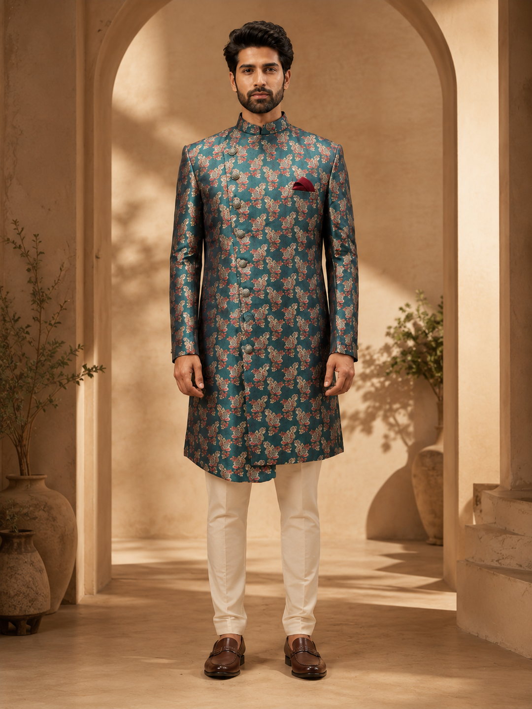 Teal Floral brocade Indo Western Set