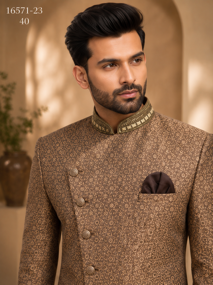Brown Printed Indo Western with Embellished Collar