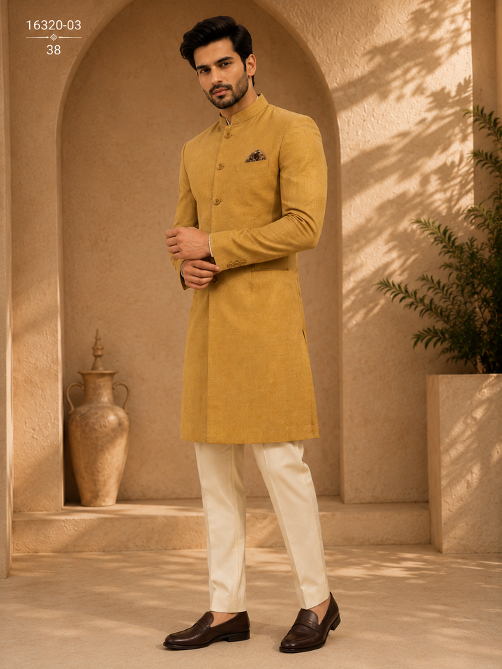Mustard Indo Western Textured Long Jacket