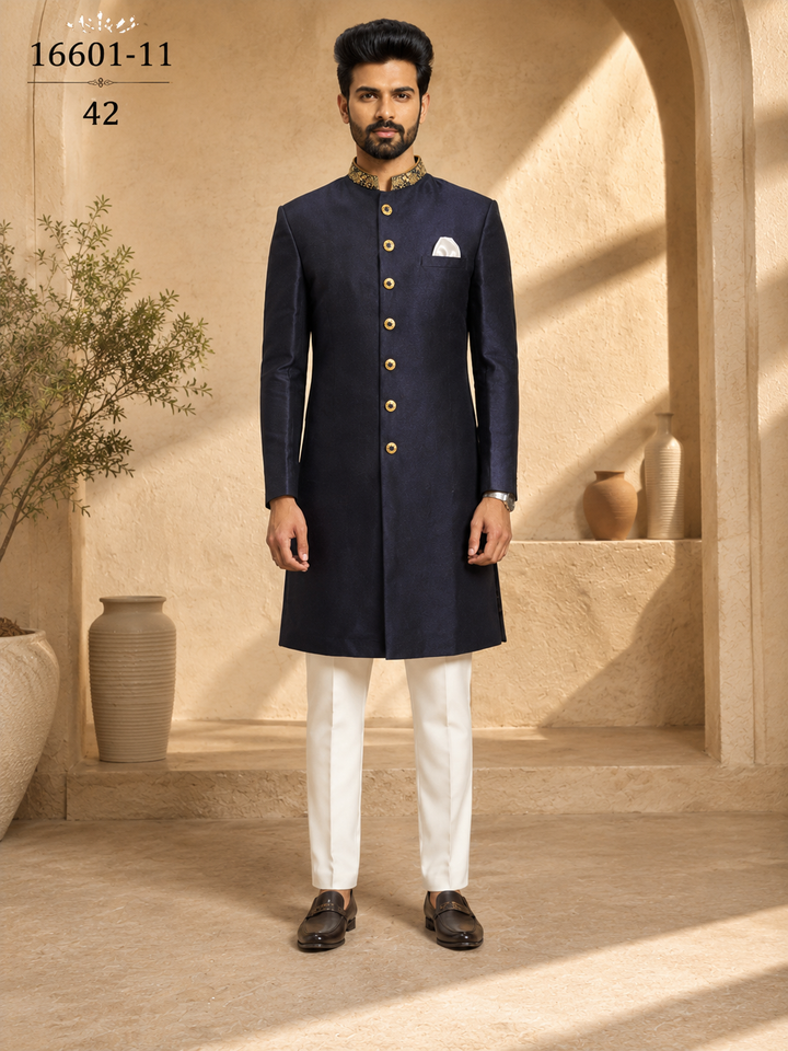 Navy Blue Indo Western with Embroidered Collar