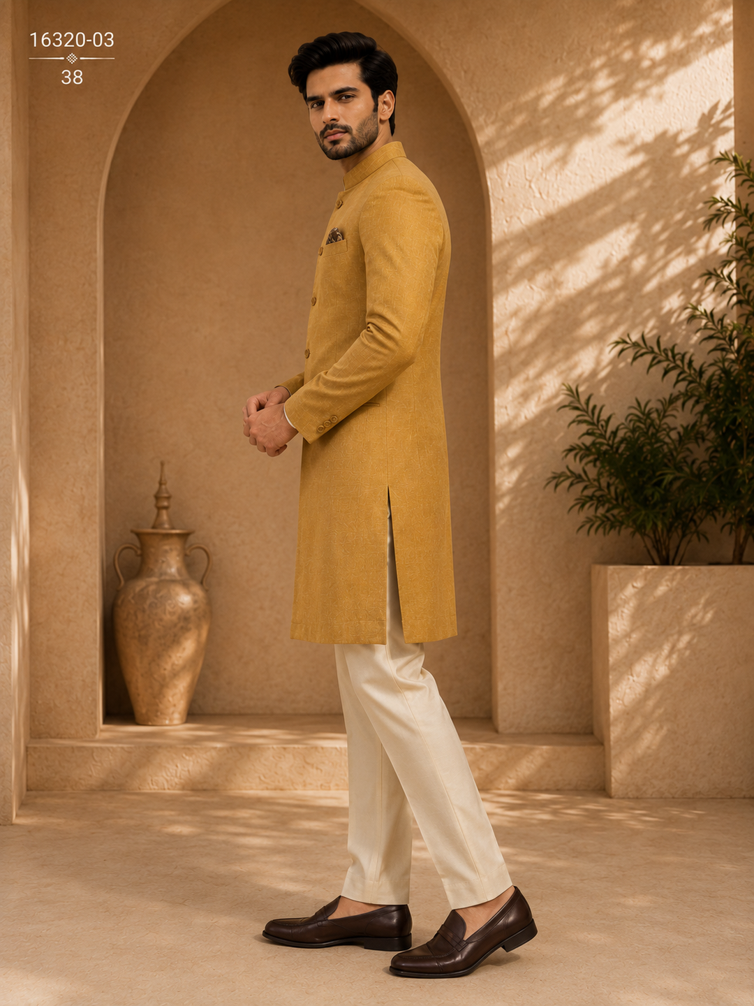 Mustard Indo Western Textured Long Jacket