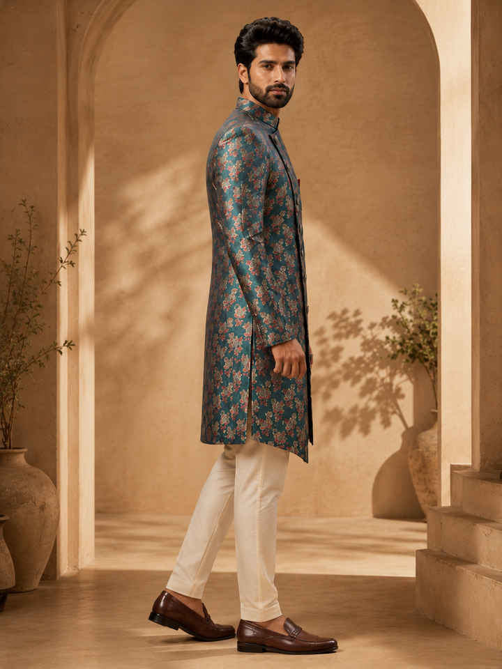 Teal Floral brocade Indo Western Set