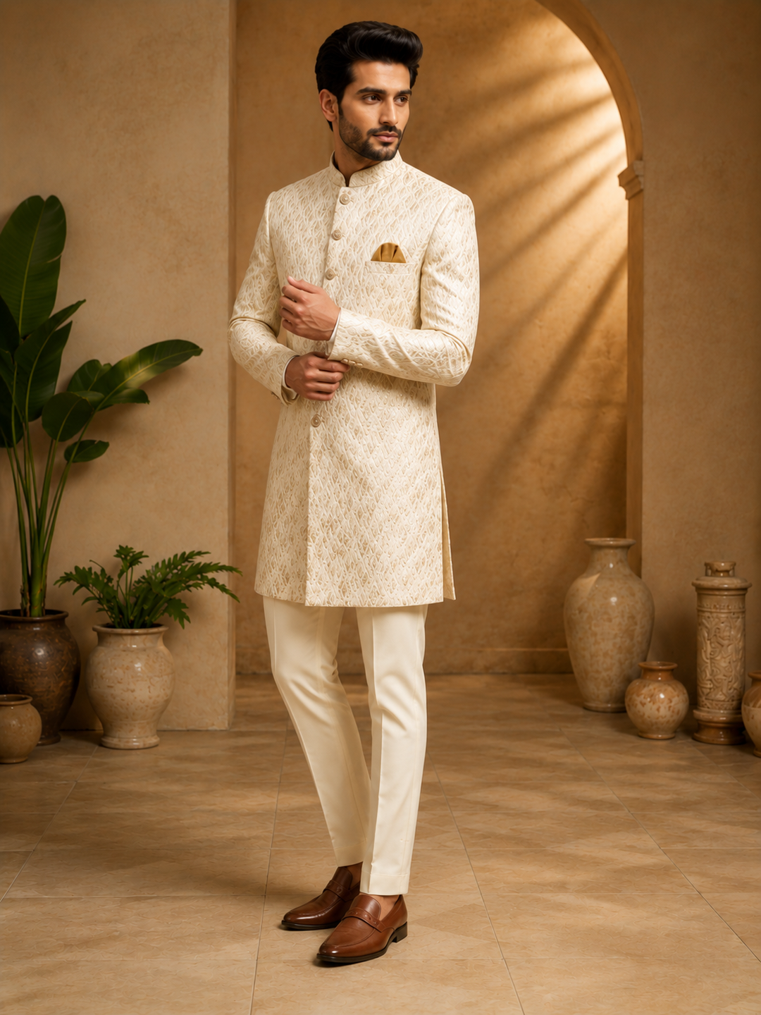 Ivory Indo Western Jacquard Textured Set
