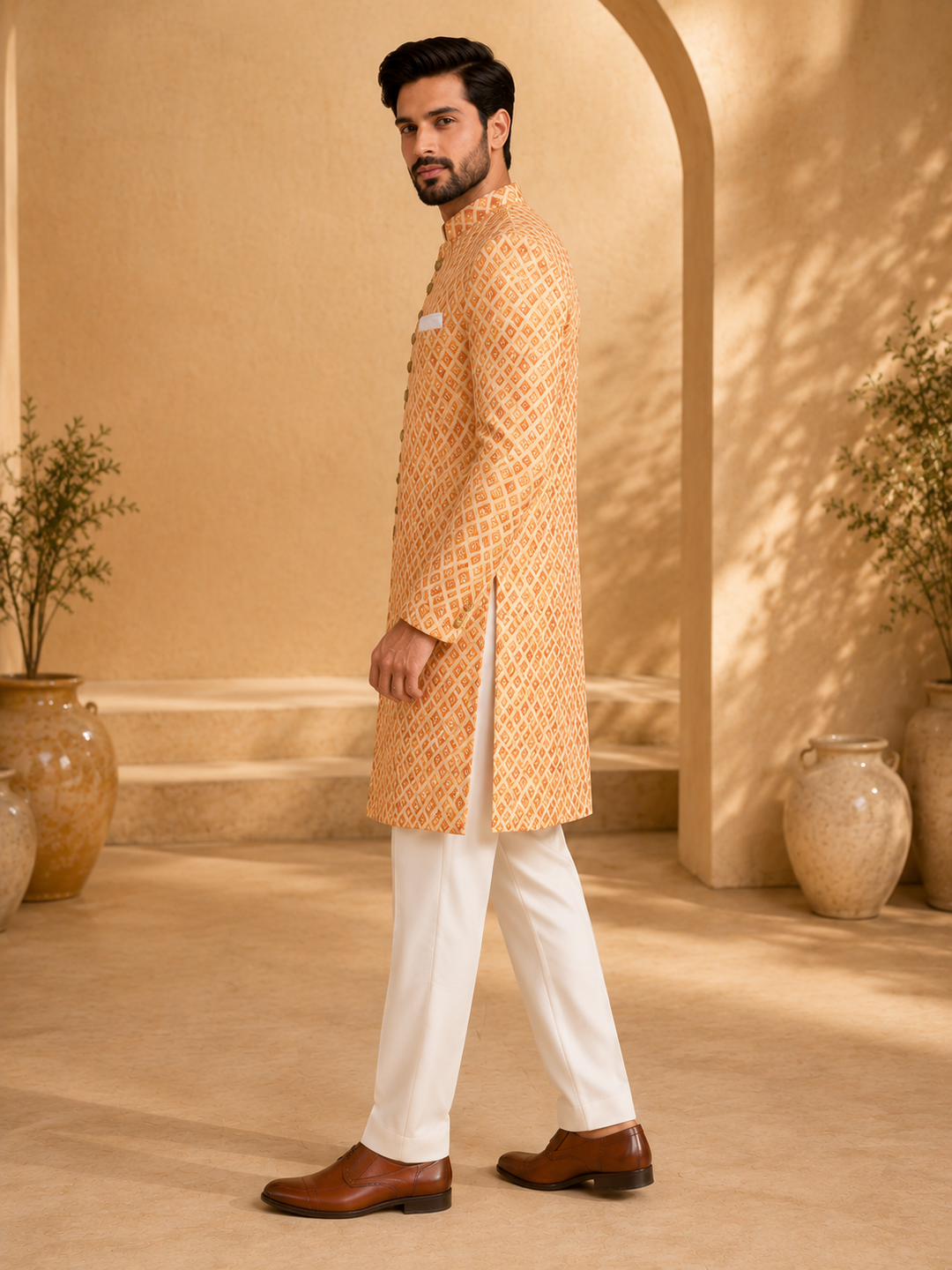 Peach Indo Western Embroidered Diamond Pattern with mirrors