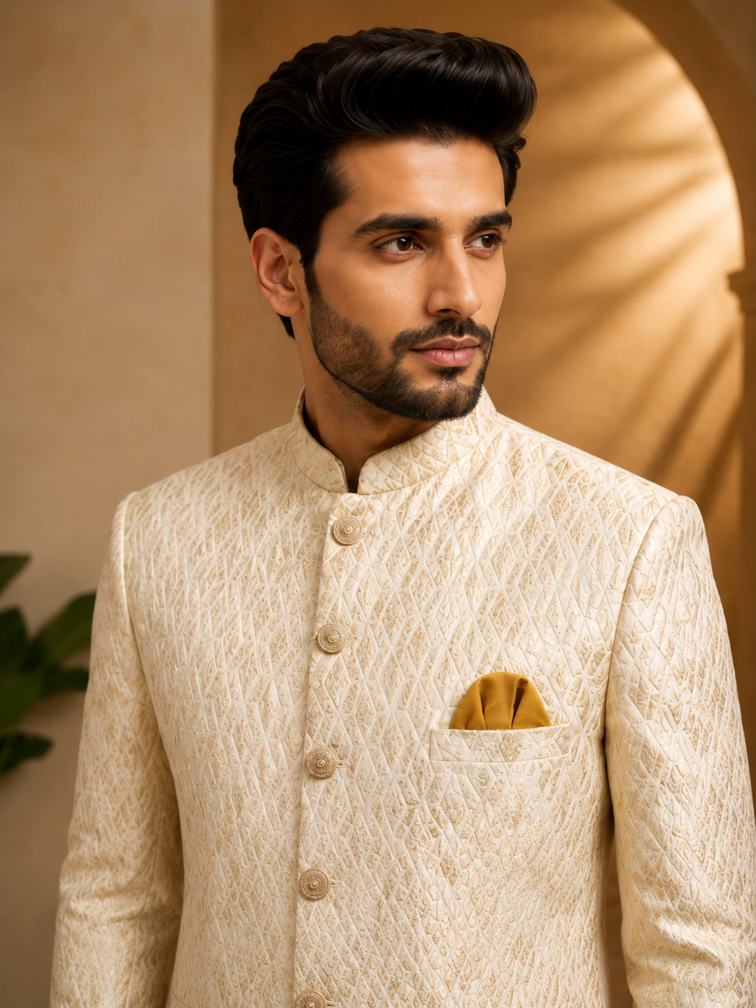 Ivory Indo Western Jacquard Textured Set