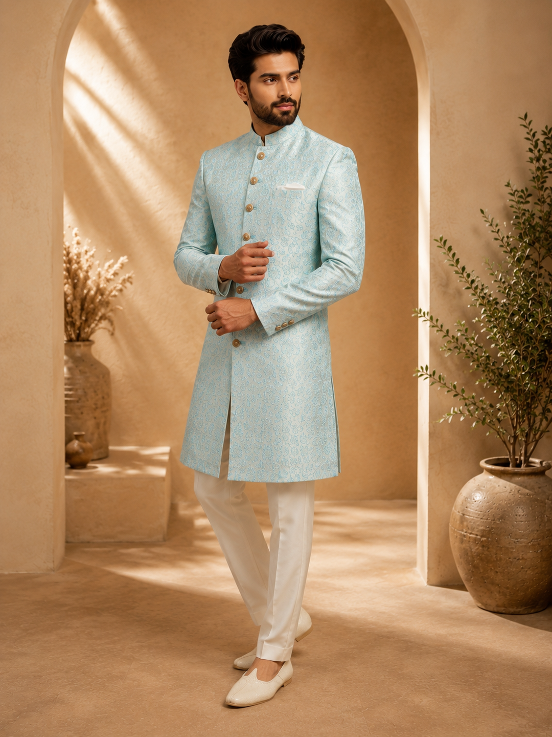 Ice Blue Jacquard Indo Western for Men