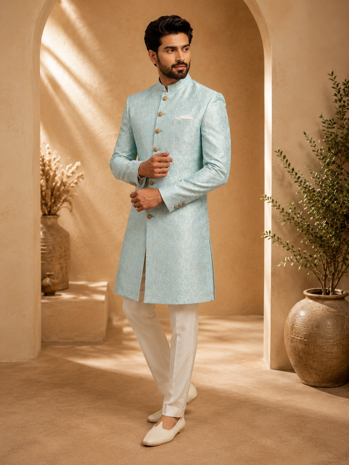Ice Blue Jacquard Indo Western for Men