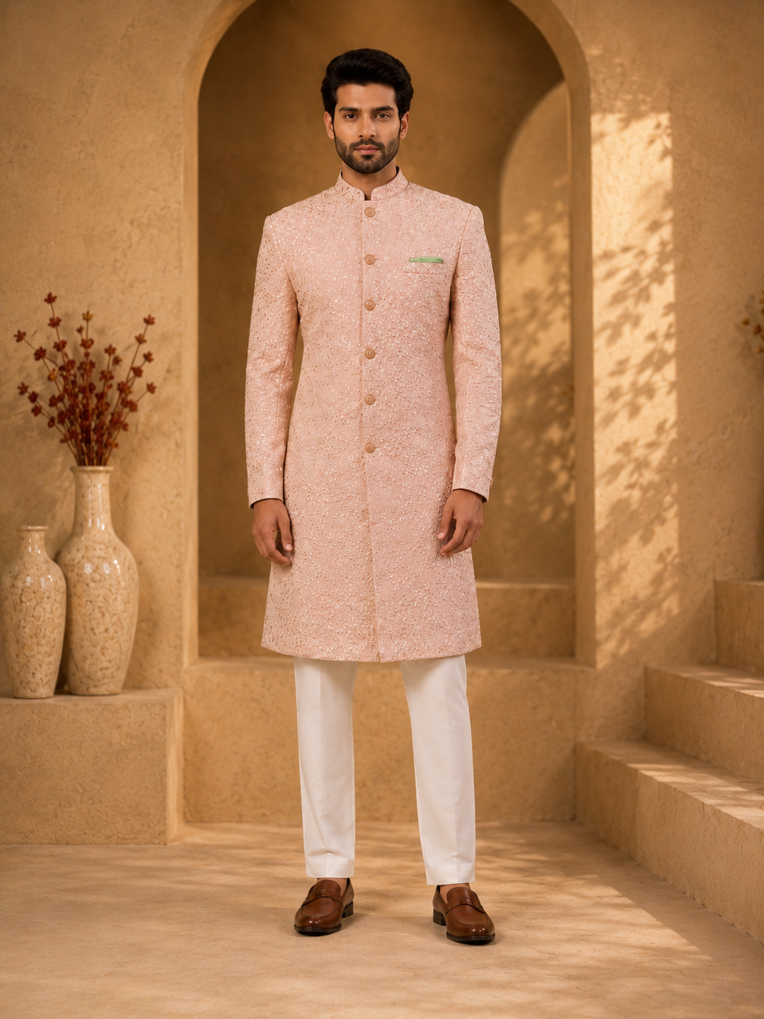 Peach Embroidered Indo Western for Men