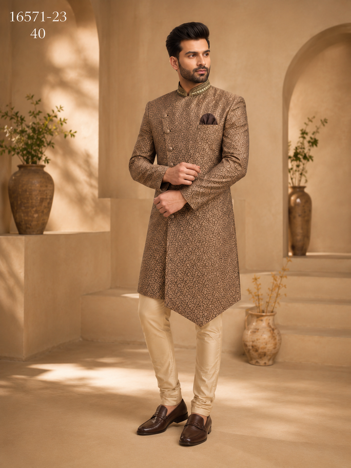 Brown Printed Indo Western with Embellished Collar