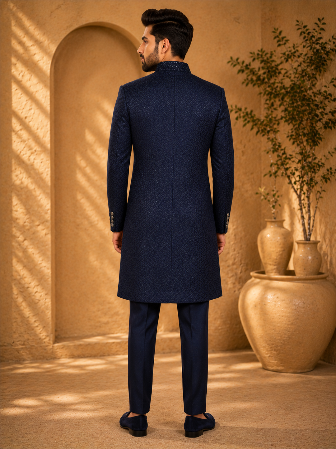 Navy jacquard and textured Embroidered Indo Western
