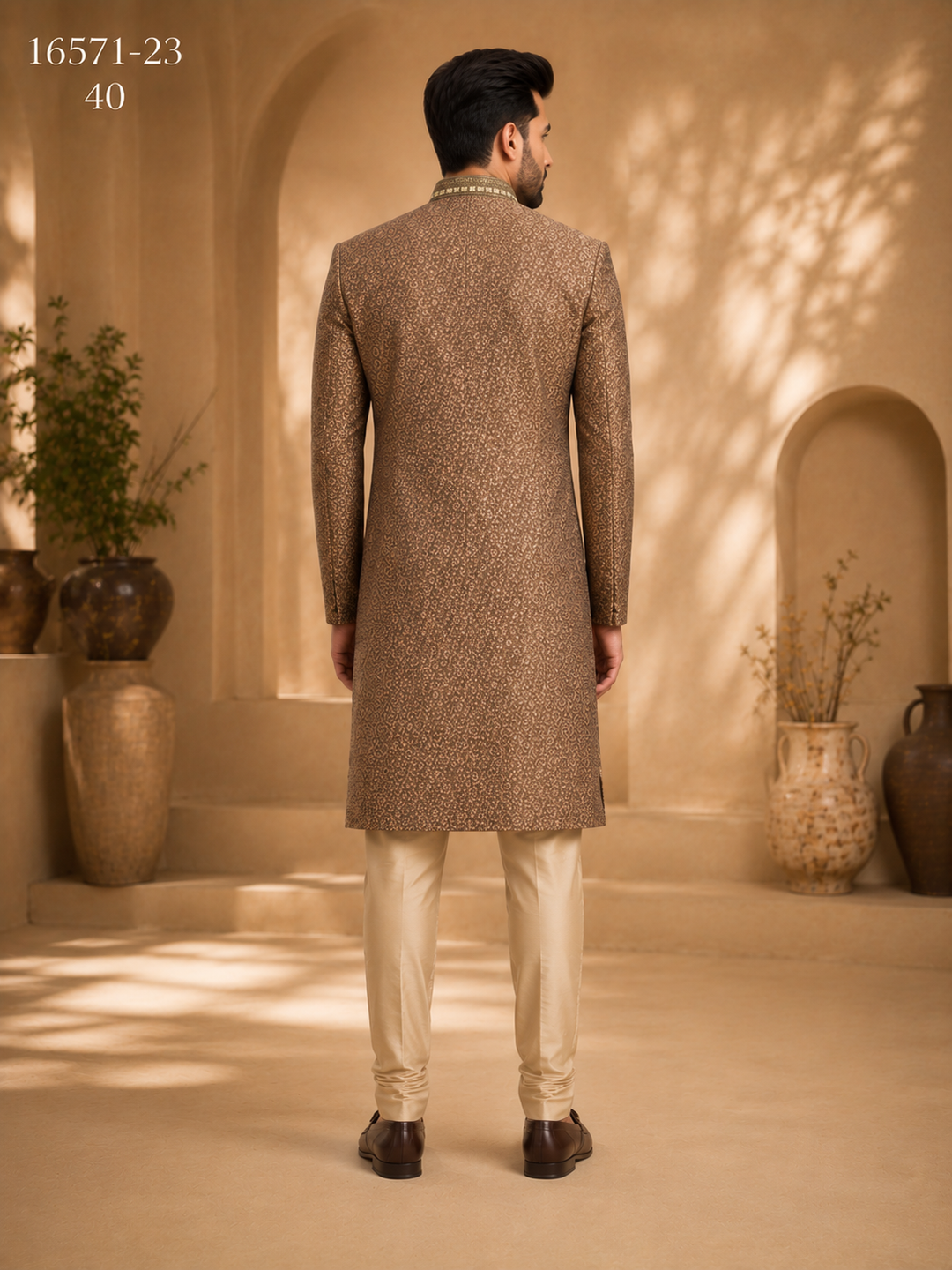 Brown Printed Indo Western with Embellished Collar