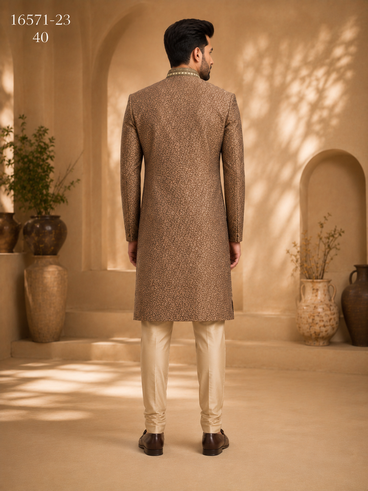 Brown Printed Indo Western with Embellished Collar