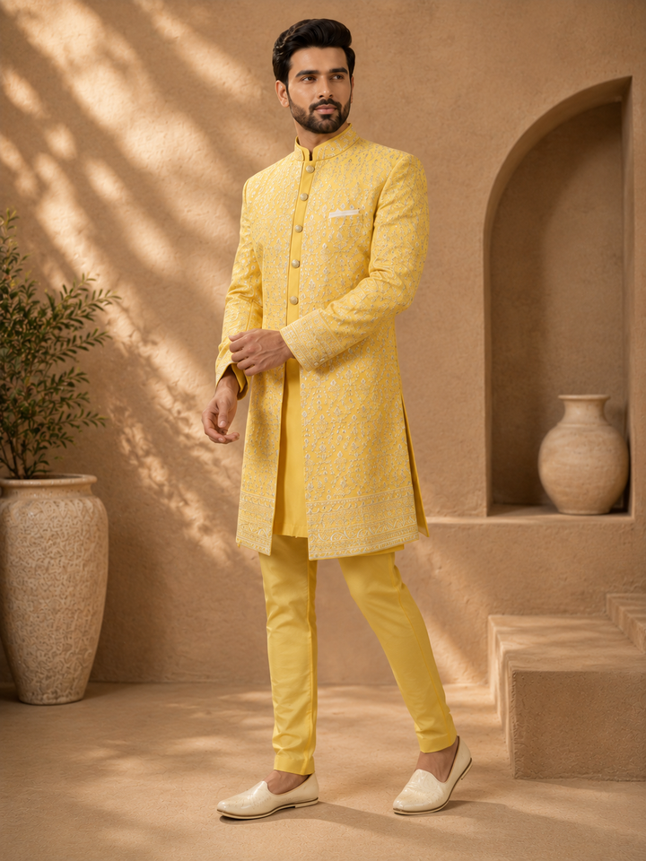 Yellow Embroidered Indo Western Set for Men