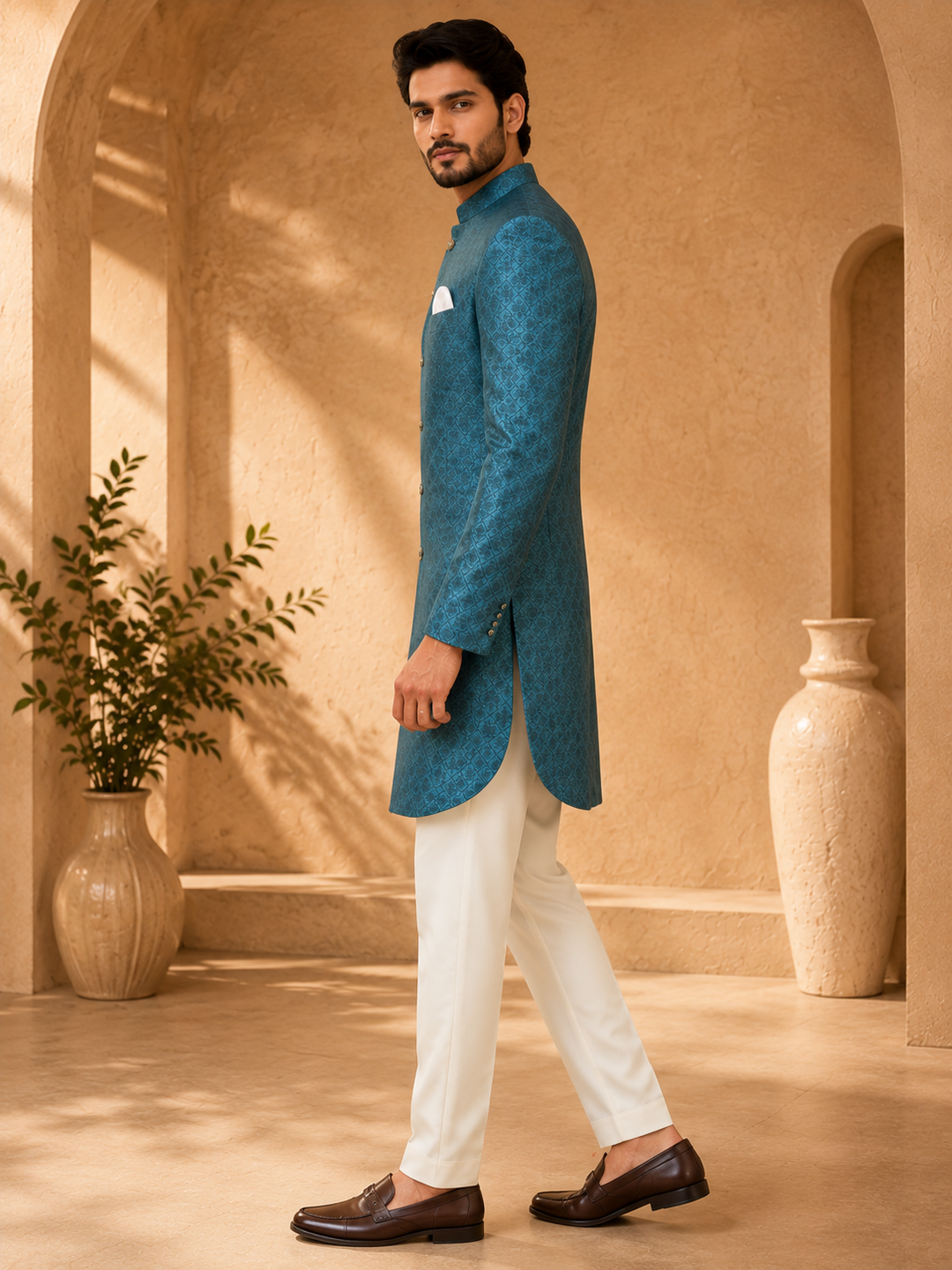 Teal silk print Indo Western for Men