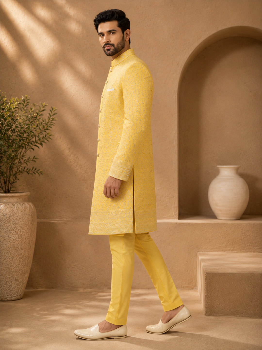 Yellow Embroidered Indo Western Set for Men