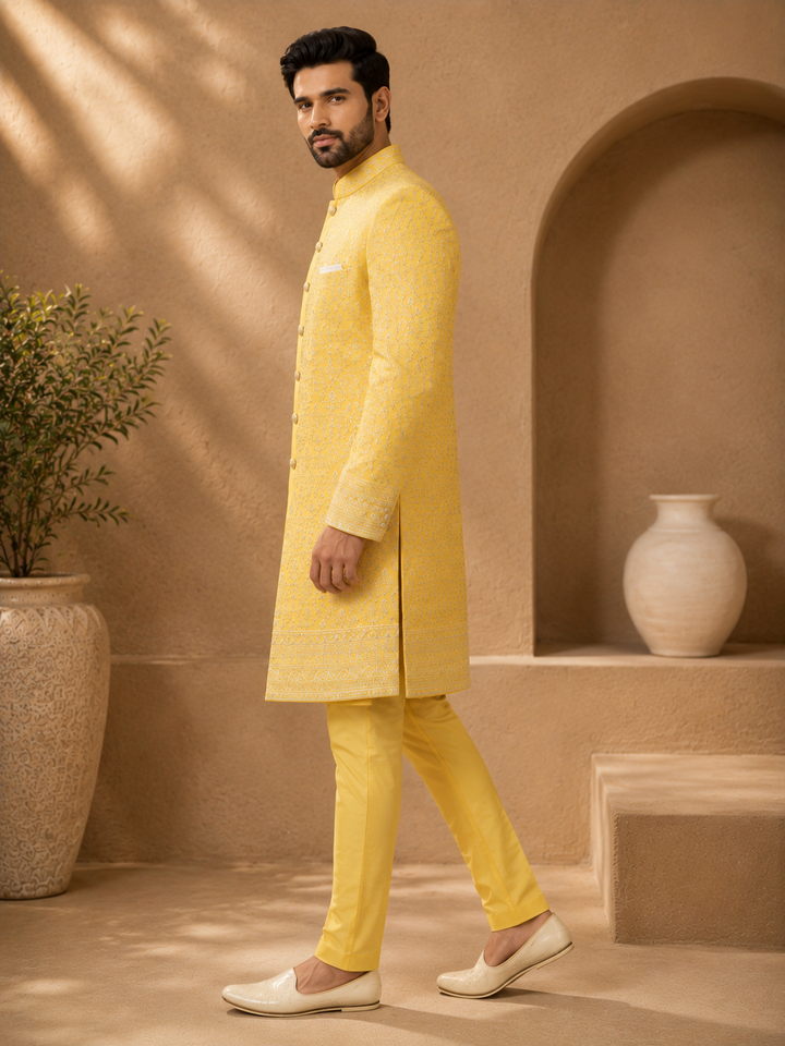 Yellow Embroidered Indo Western Set for Men