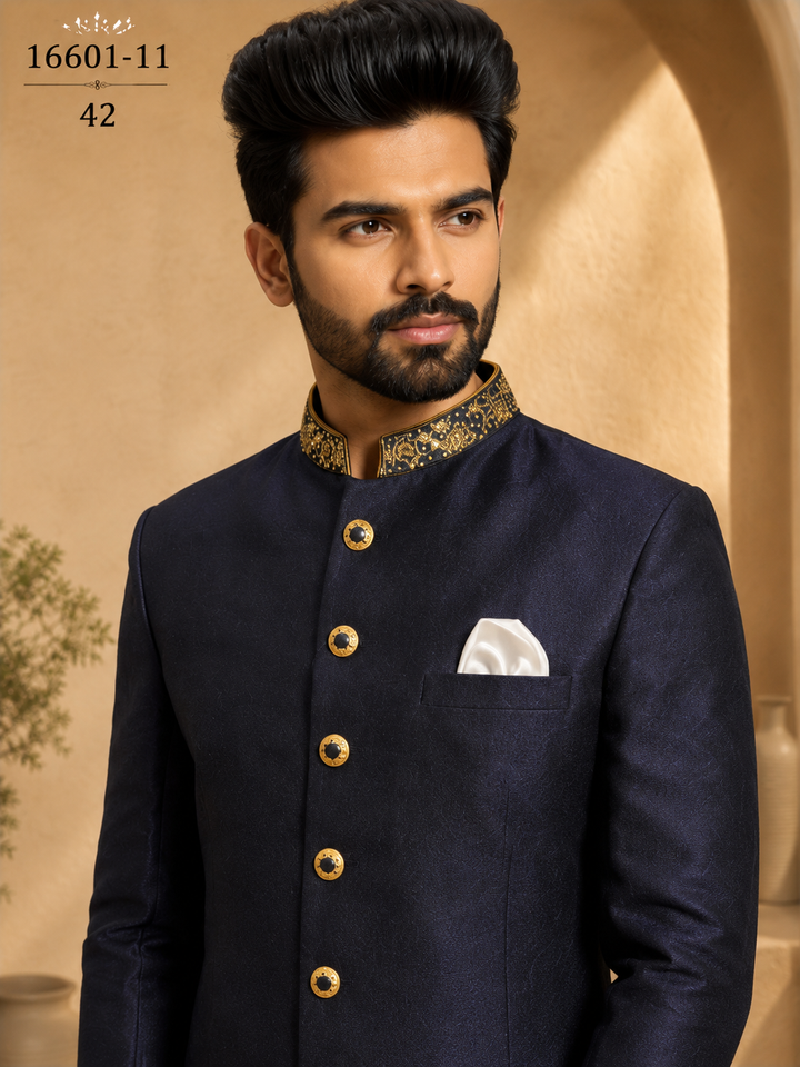 Navy Blue Indo Western with Embroidered Collar