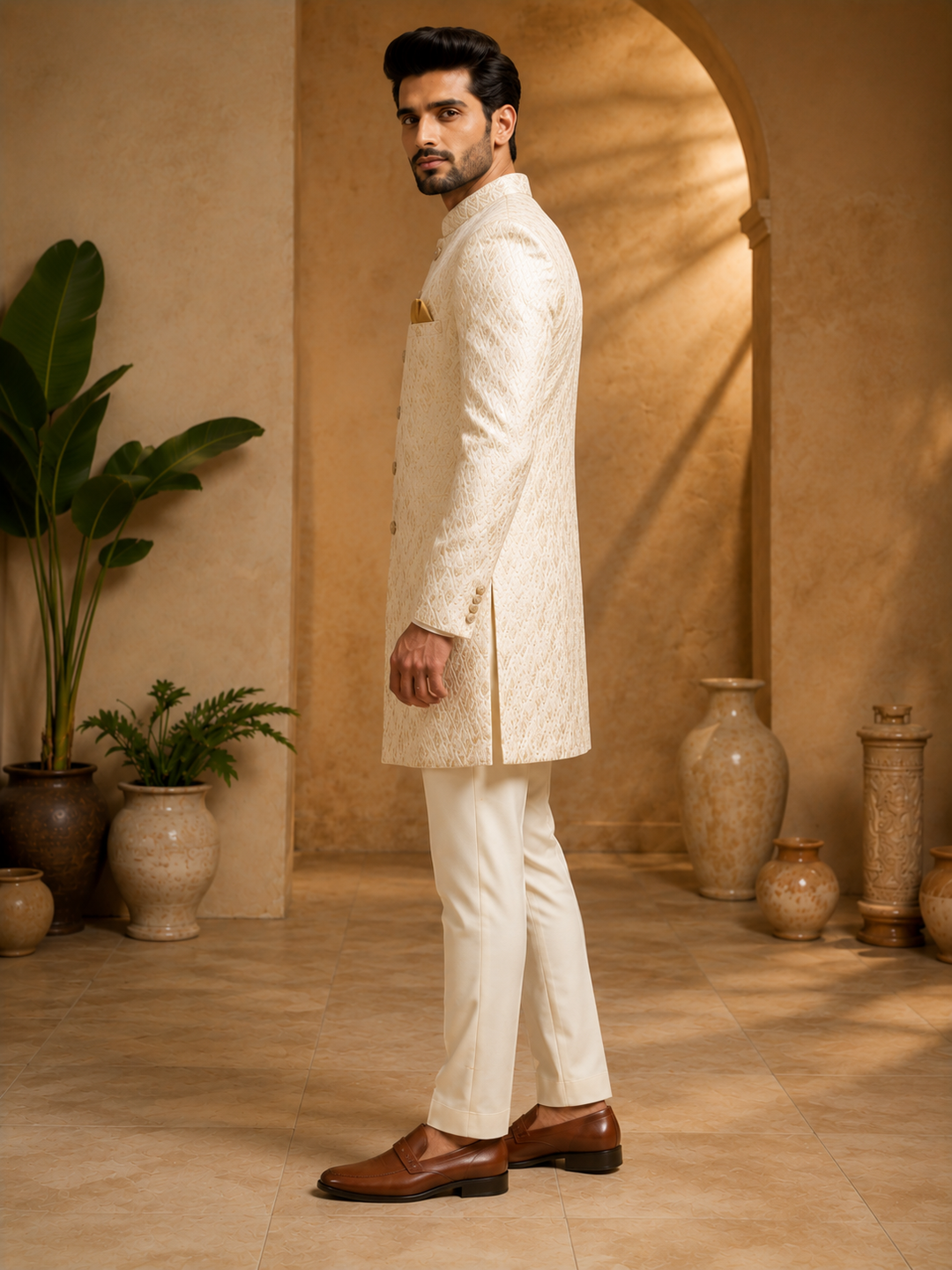 Ivory Indo Western Jacquard Textured Set