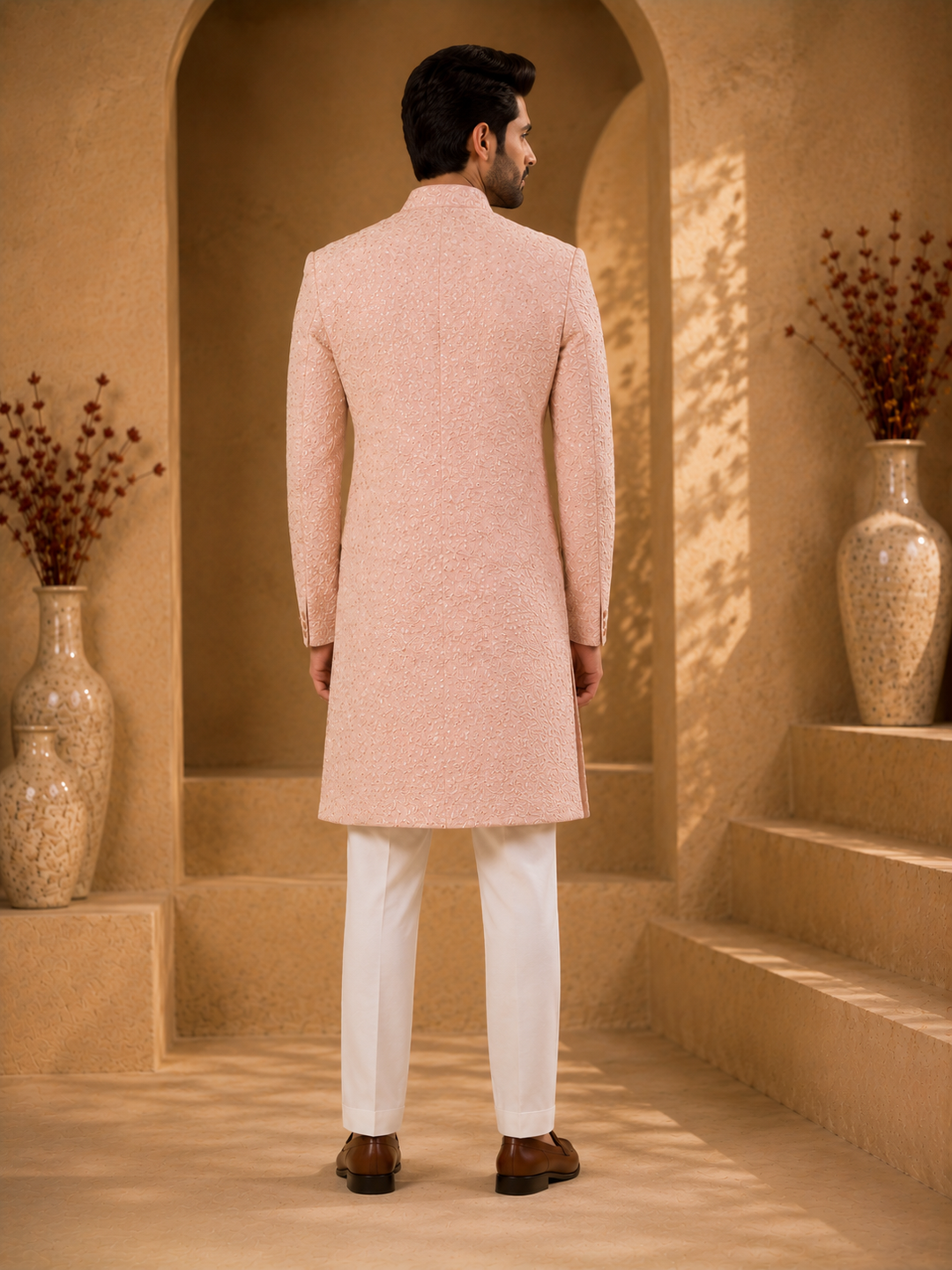 Peach Embroidered Indo Western for Men