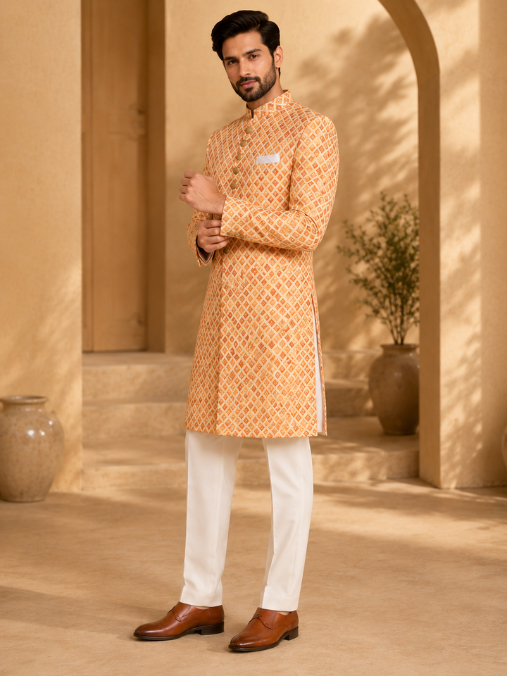 Peach Indo Western Embroidered Diamond Pattern with mirrors