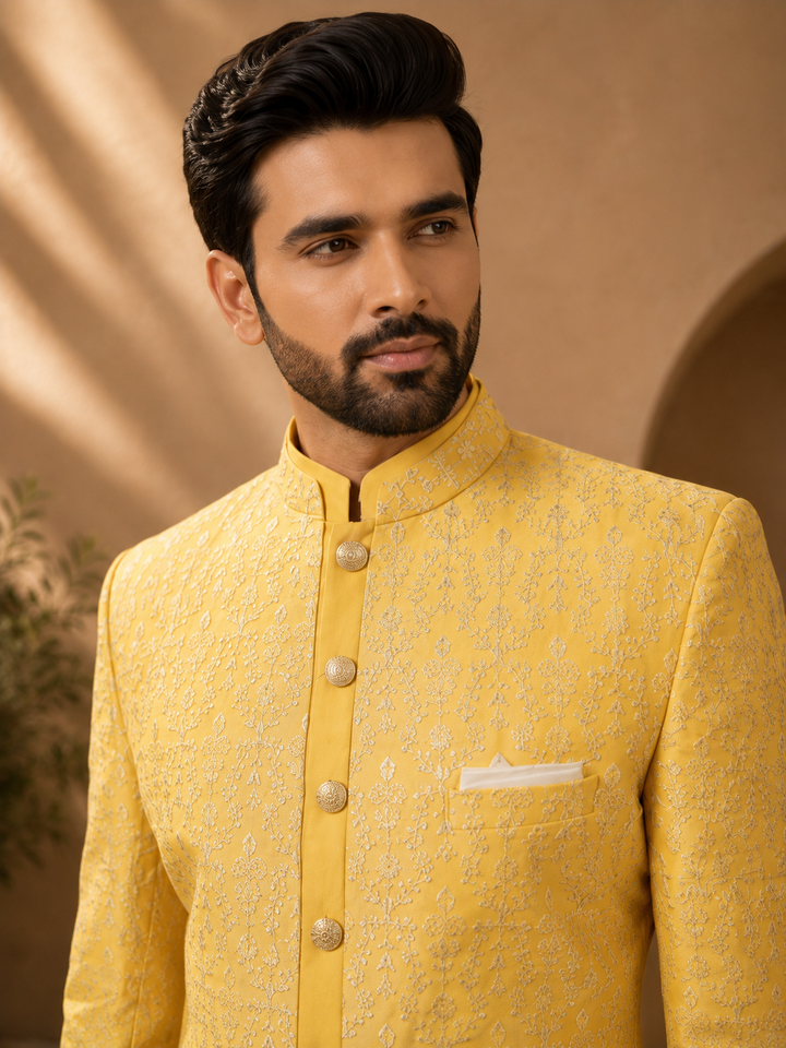 Yellow Embroidered Indo Western Set for Men