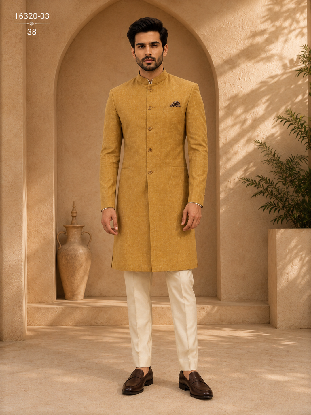 Mustard Indo Western Textured Long Jacket