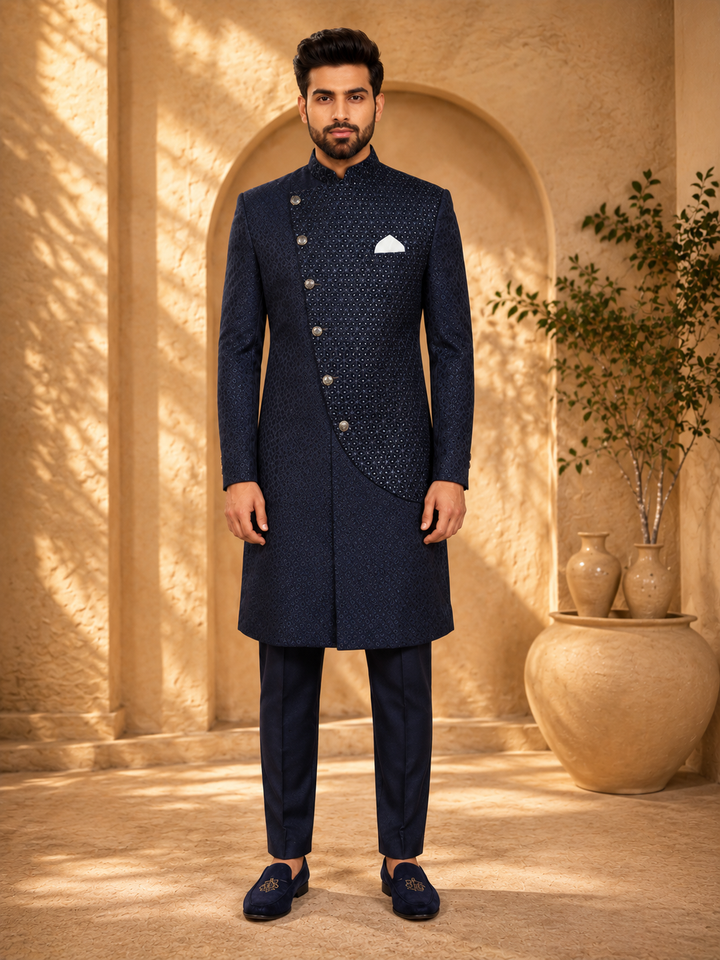 Navy jacquard and textured Embroidered Indo Western