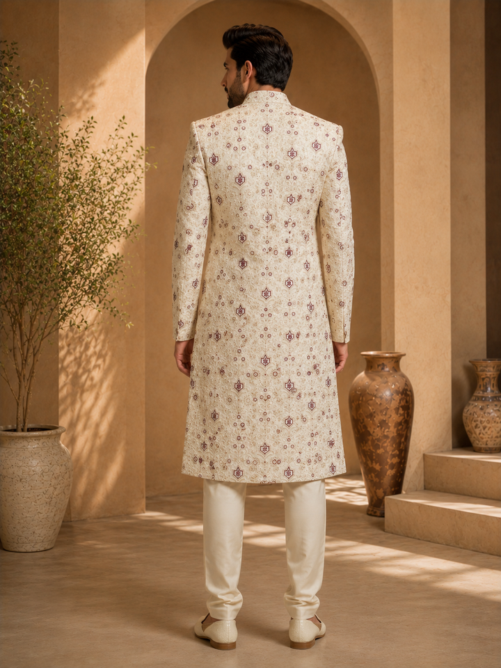 Ivory Embroidered Indo Western with maroon Motifs