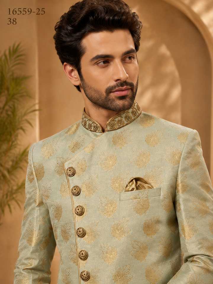 Mint Green Jacquard Indo Western with Embellished Collar