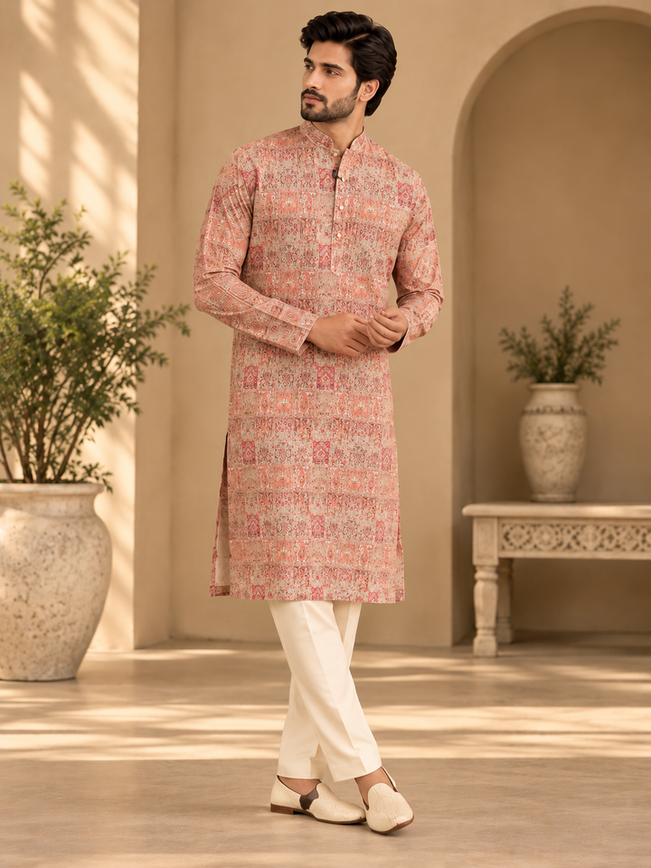 Pink Printed Ethnic Kurta for Men