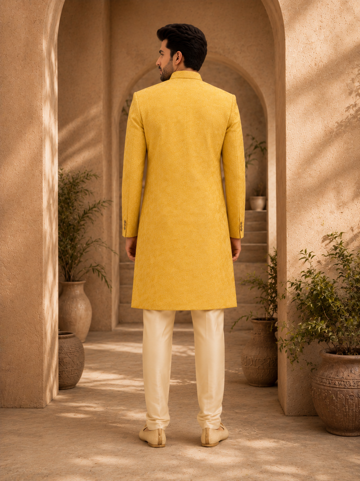 Yellow Textured Indo Western for Men