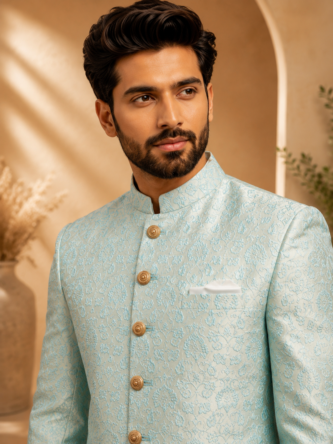 Ice Blue Jacquard Indo Western for Men