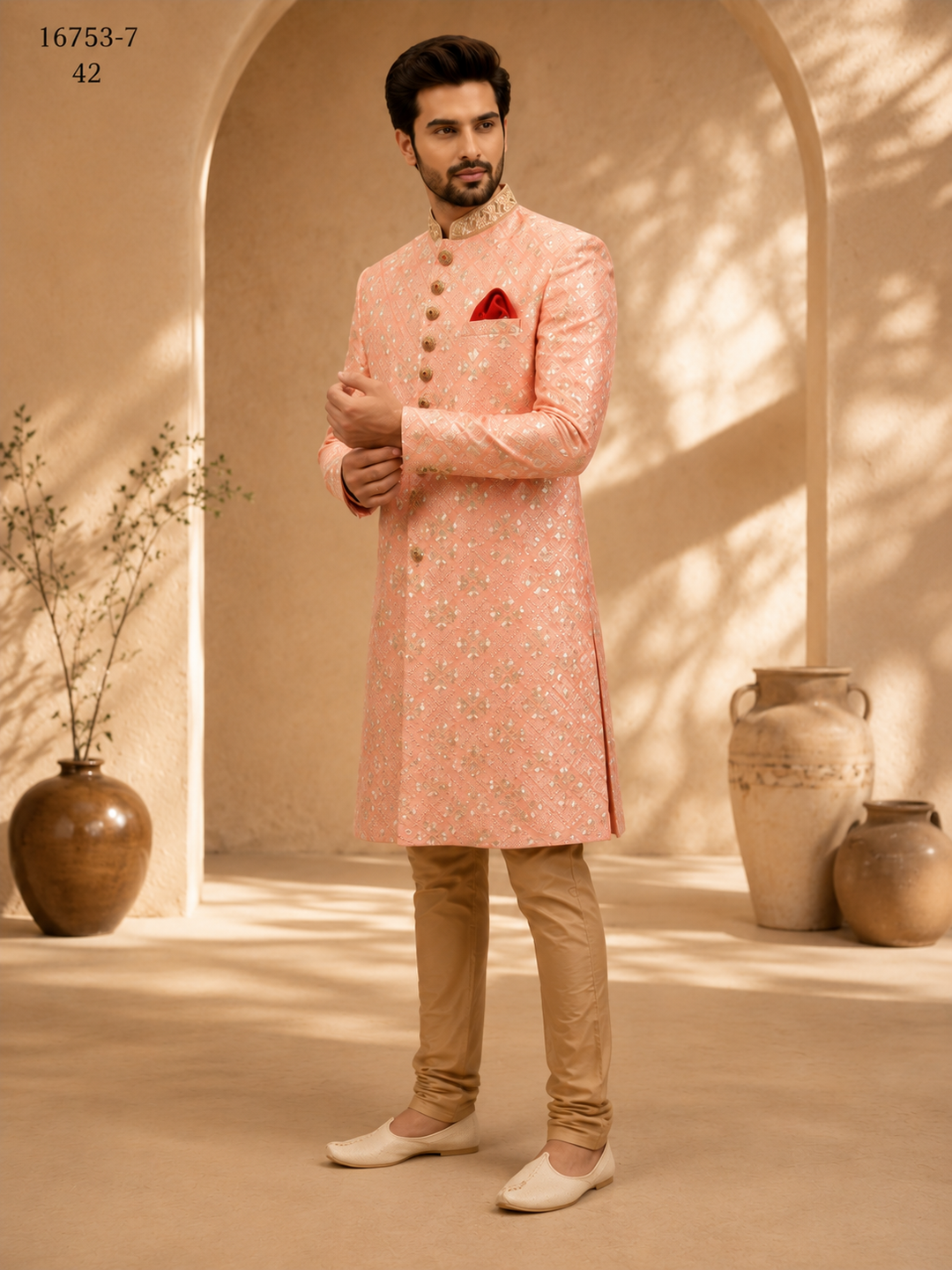 Peach Indo Western with Embroidered Collar
