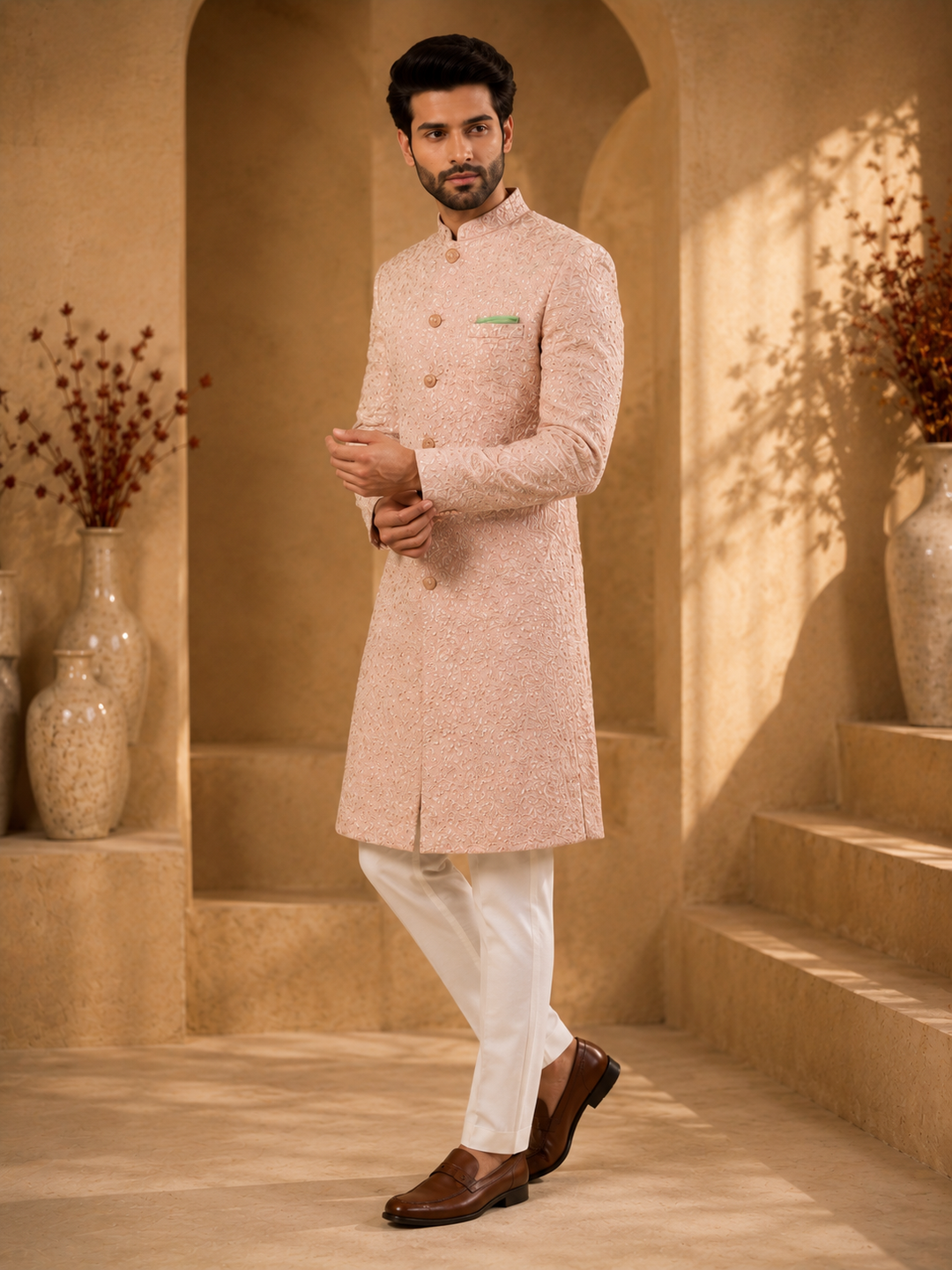 Peach Embroidered Indo Western for Men