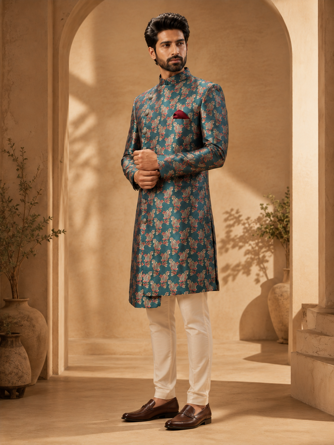 Teal Floral brocade Indo Western Set