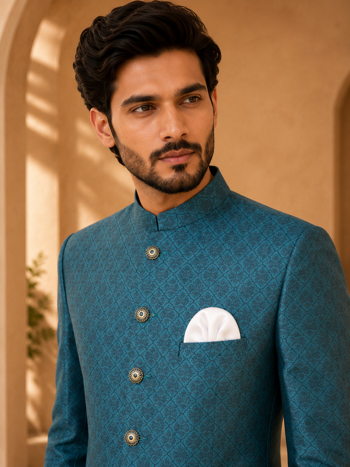 Teal silk print Indo Western for Men