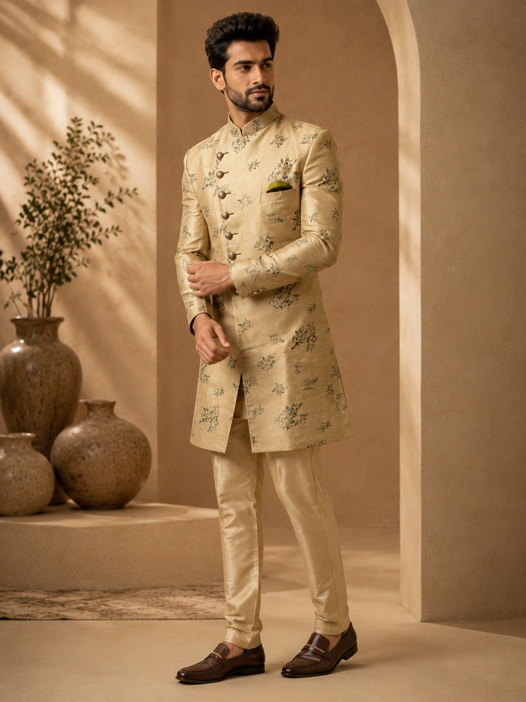 Gold Indo Western with Floral brocade design