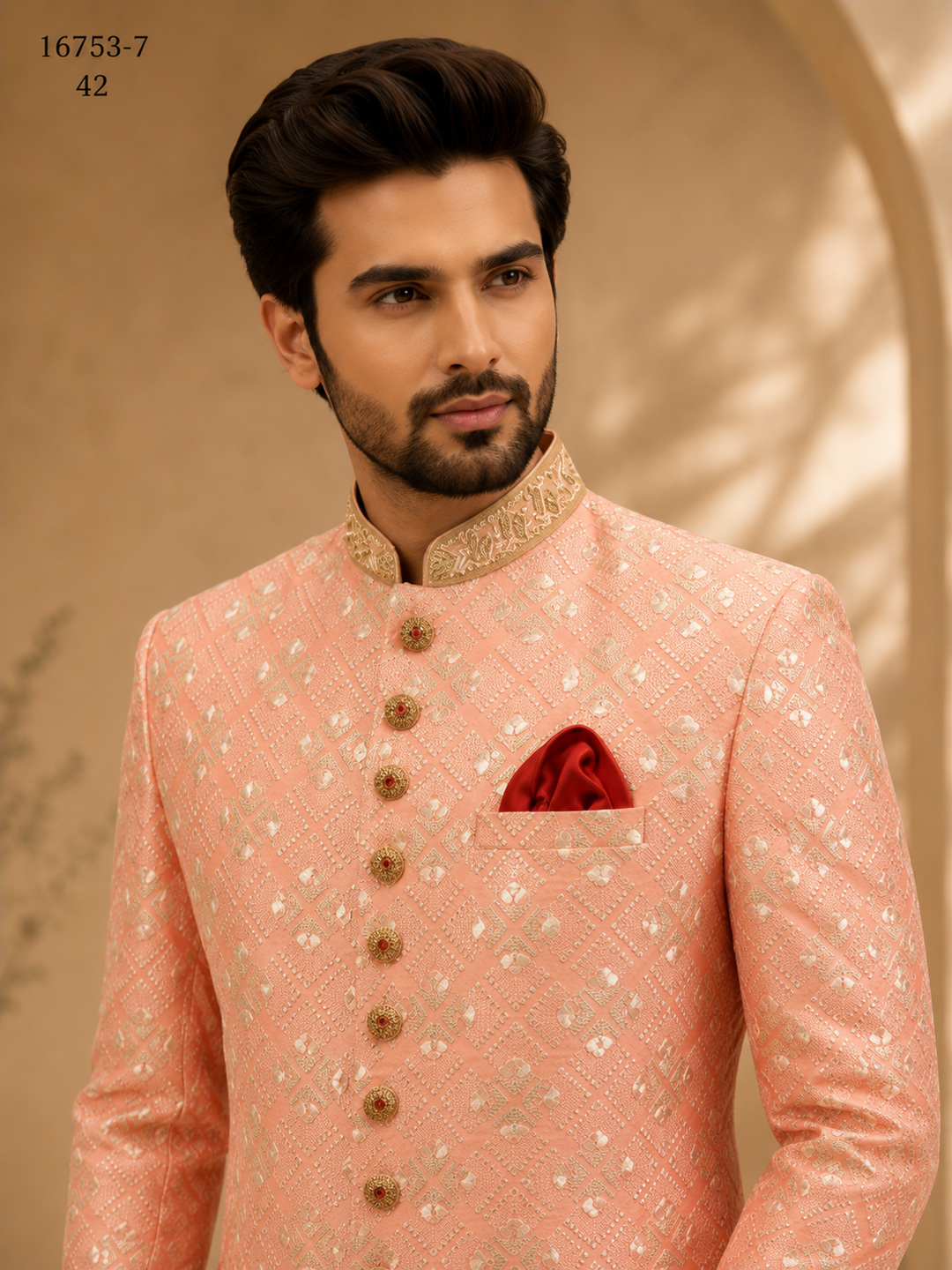 Peach Indo Western with Embroidered Collar