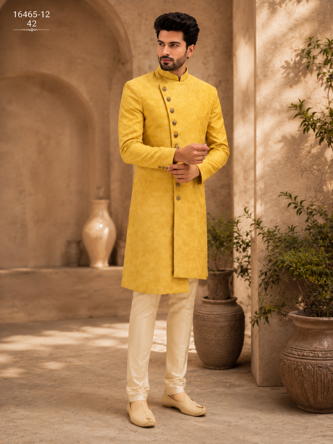Yellow Textured Indo Western for Men