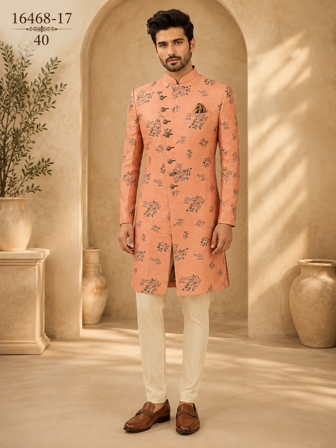 Peach jacquard Indo Western Set